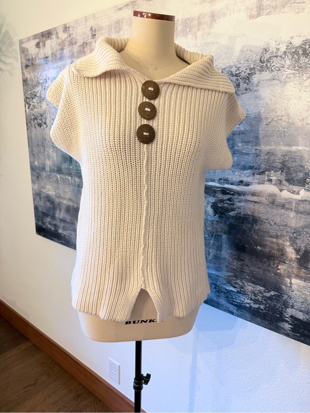 Pure Handknit Cream Cap Sleeve Coconut Button Sweater Cotton Women’s S/M *E*